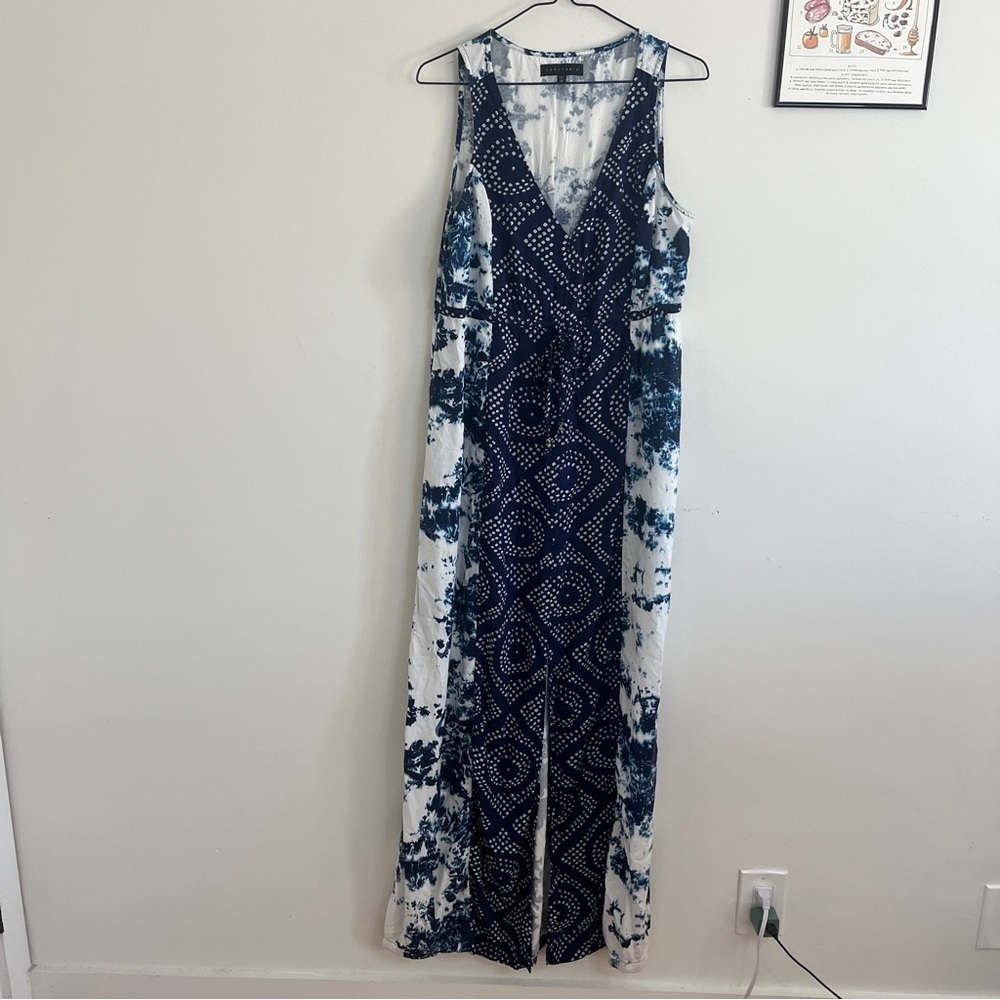 Sanctuary Blue Boho Batik Abstract Front Slit V Neck Maxi Dress